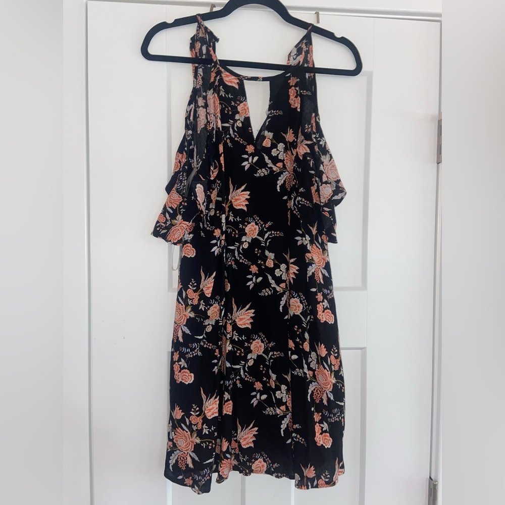Black & Orange Floral Cold Shoulder Dress